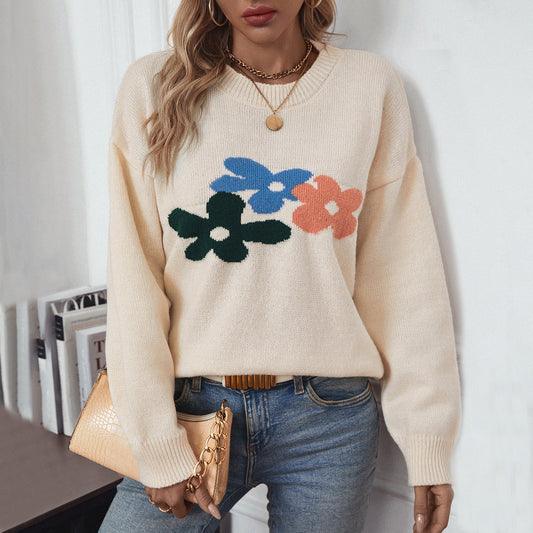 Floral Sweater Women Autumn Winter Loose Casual round Neck Knitted Top