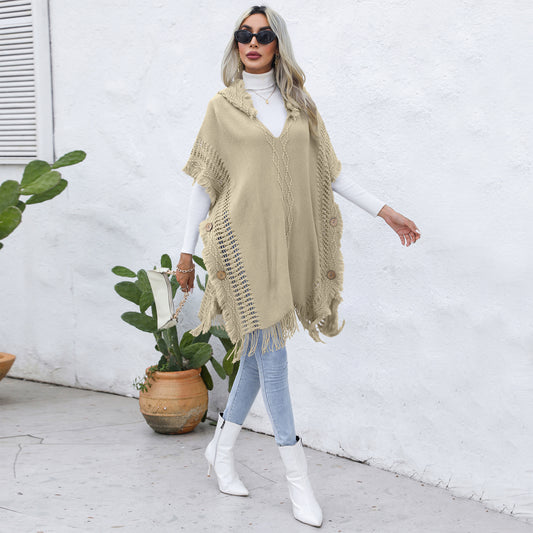 Women Clothing Casual Loose V neck Hooded Pullover Mid-Length Sweater Waistcoat Cloak Jacket