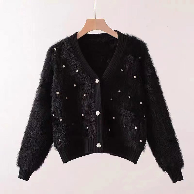 Chic Chanel Beaded Artificial Mink Fur Sweater Coat Women Loose Short V neck Knitted Cardigan One Size Black