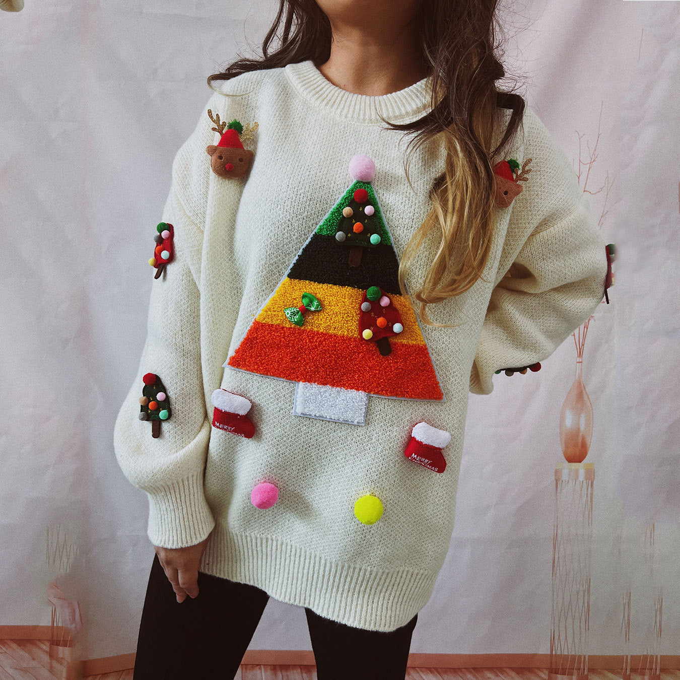 Christmas Sweater Women Autumn Winter Long Sleeve Idle round Neck Pullover Sweater White