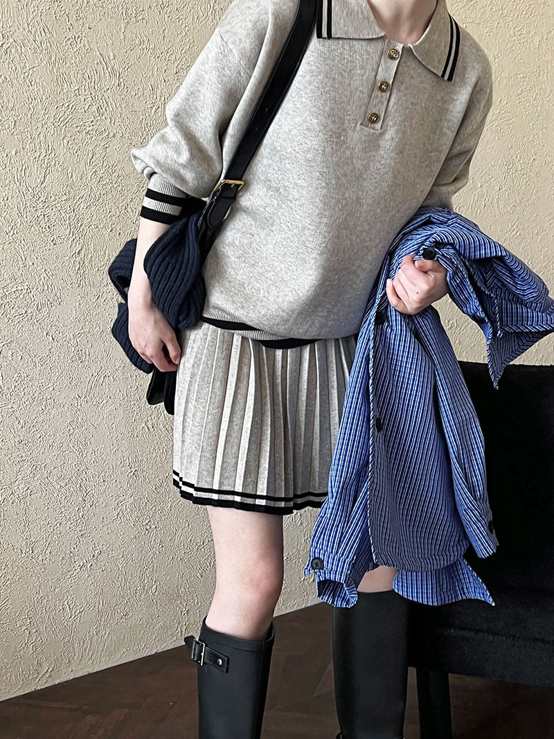 College Polo Collar Sweater High Waist Pleated Half Length Skirt Sets Women Winter One Size Oatmeal Color