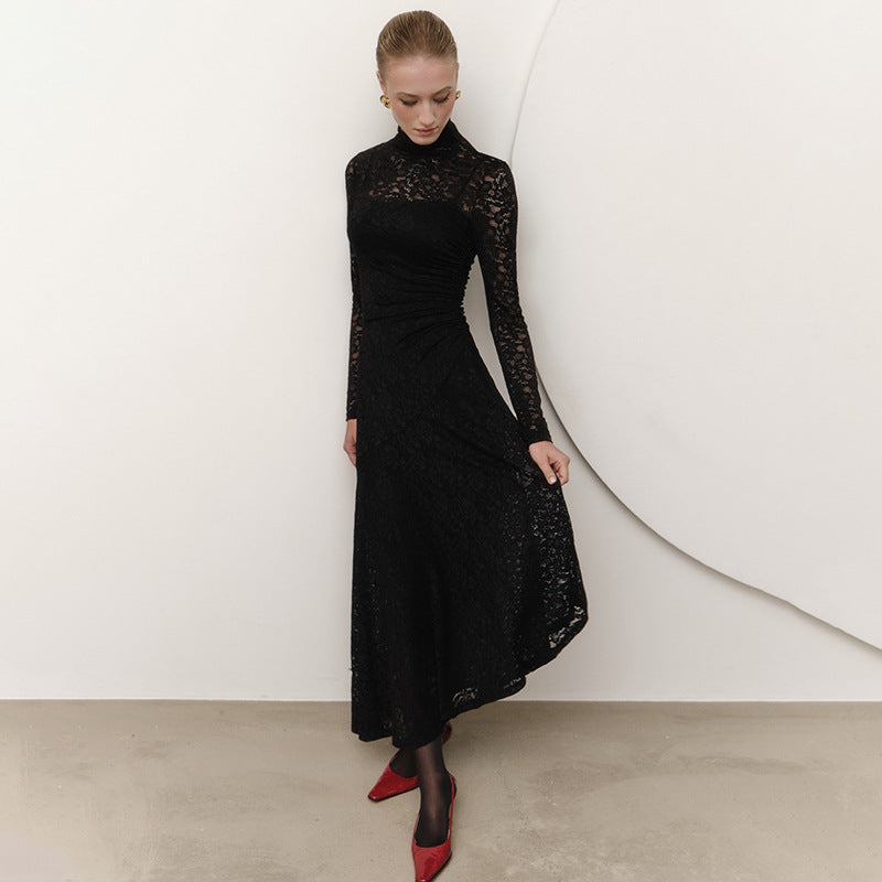 Women Lace Stitching Pleated Slim Fit Long Sleeve Oblique Strap Inner Dress Black