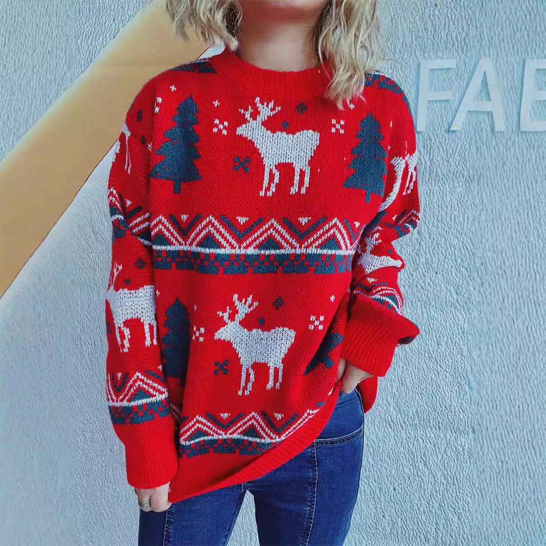 Autumn Winter Red Christmas Sweater round Neck Long Sleeve Elk Christmas Tree Five Color Jacquard Year Sweater Women