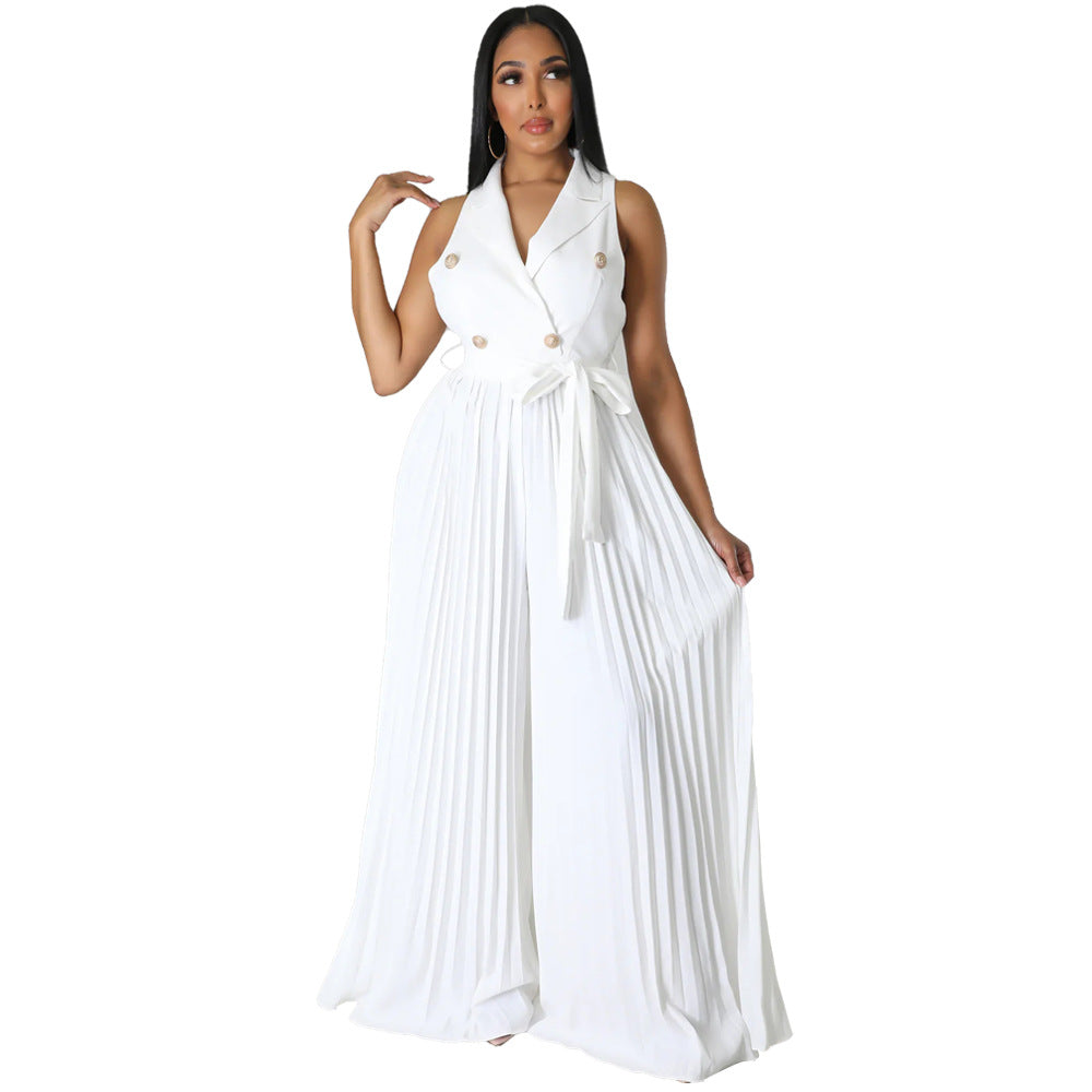 Spring Summer V neck Sleeveless Backless Elegant Street Pleated Wide Leg Jumpsuit White