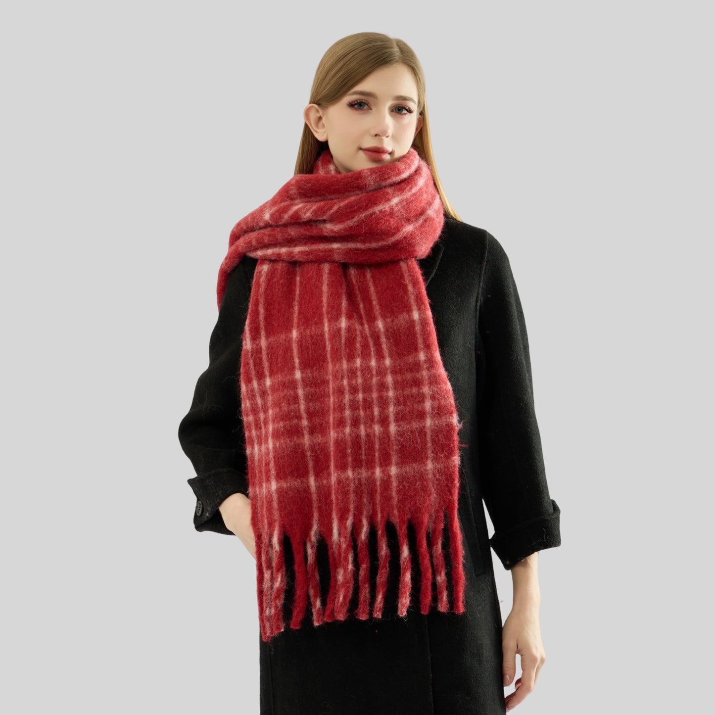 Wool Blended High Grade Scarf Ankela Red Cell Pattern Scarf Women Winter Atmosphere All Matching Scarf