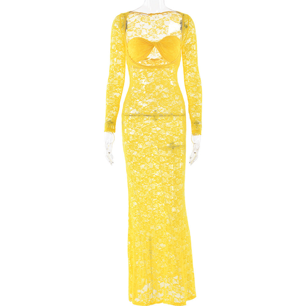 Summer Sexy Dress Lace See Through Long Sleeve Slim Fit Dress Yellow