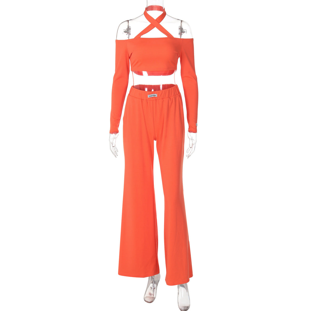 Women Clothing Autumn Halter Off the Shoulder Long Sleeve Flared Pants Two Piece Set Orange