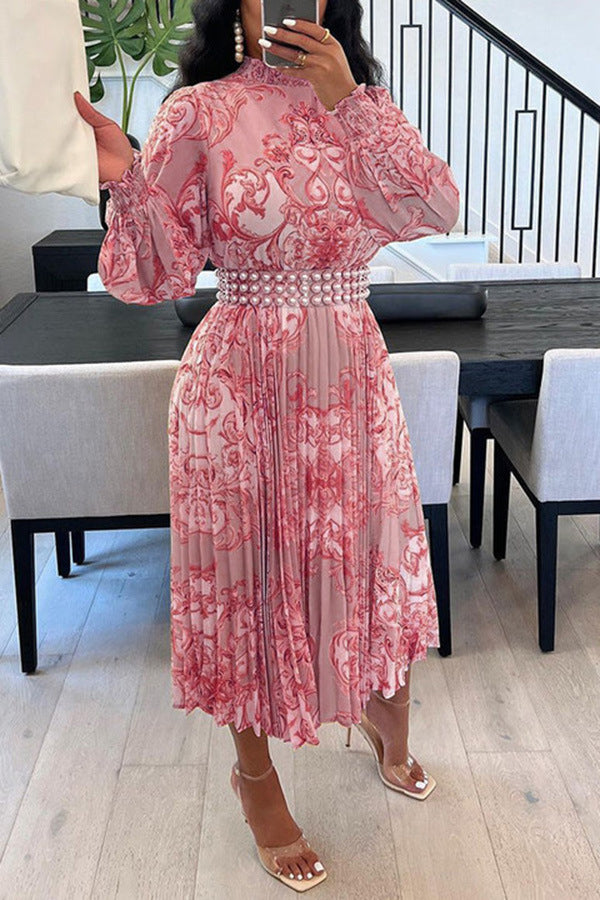 Women Pearl Belt Printed Pleated Lantern Sleeve Chiffon Half Turtleneck Dress