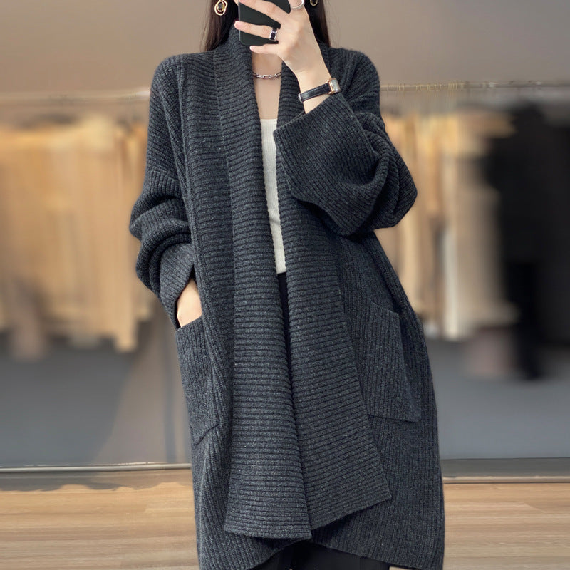 Mid Length Idle Knitted Cardigan Women Loose Design Collared Thickening Solid Color Sweater Coat Overcoat