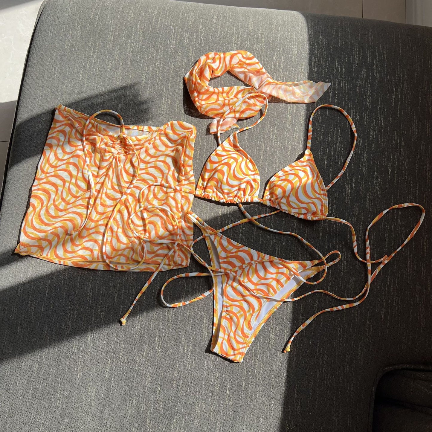 Three Piece Set Swimsuit Bikini Strap Orange