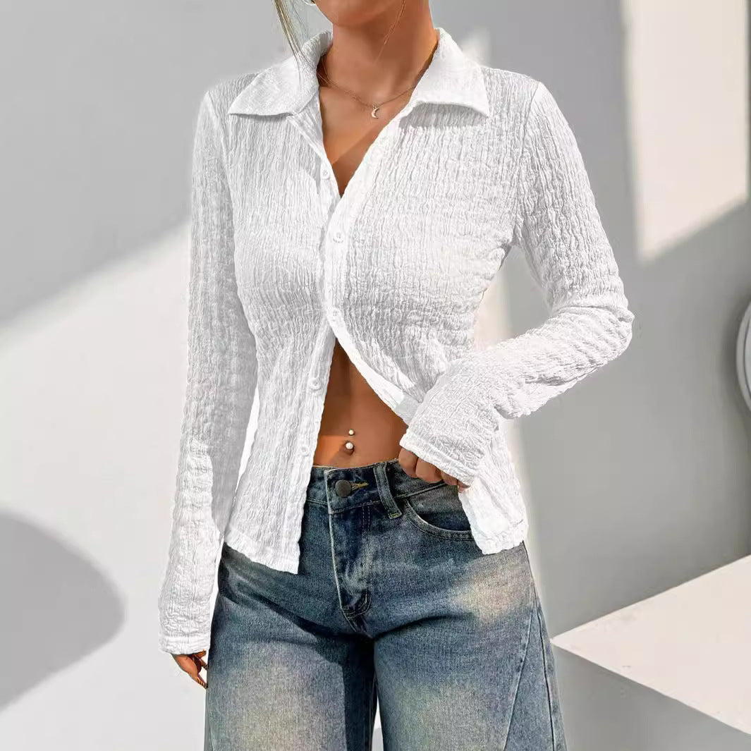 Elegant Ladies Solid Color Texture Long Sleeve Blouse Top Women