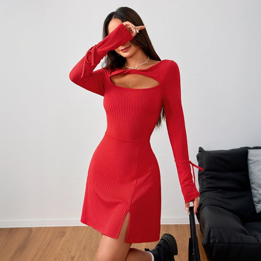 Autumn Winter Women Simple Office Dress Autumn Winter Slim Fit Red Short Dress