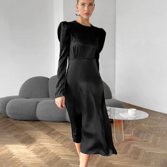 Autumn Black Thick Matte Satin round Neck Puff Sleeve Russian Office Sexy Dress Women Clothing