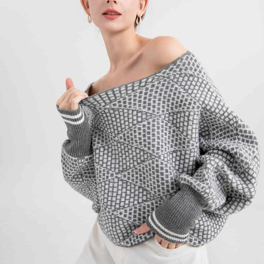 off Shoulder Sweater Long Sleeve Plaid Sweater Pullover off Shoulder Women Outerwear Top