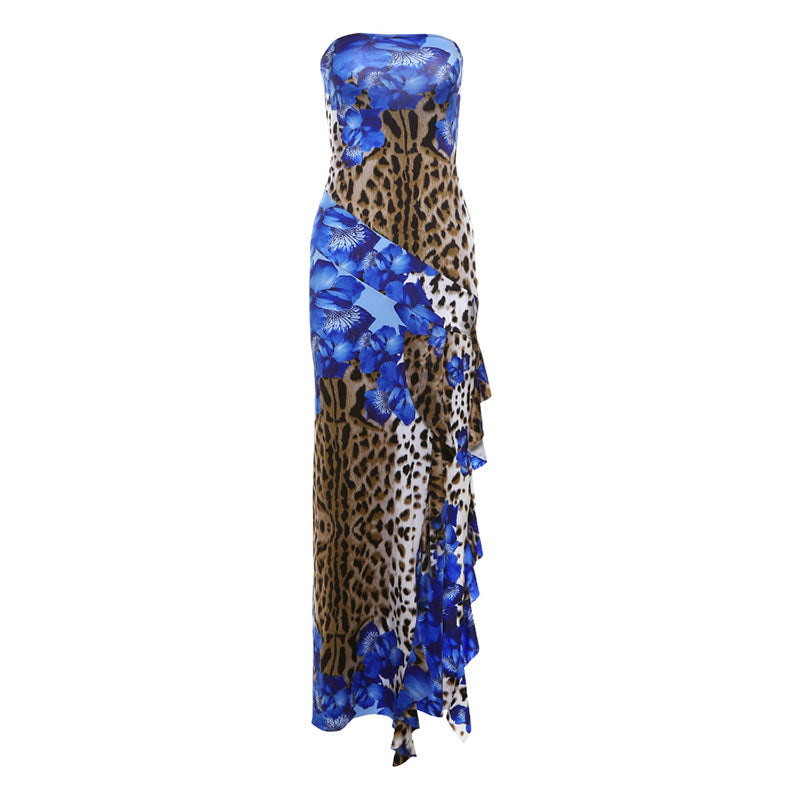 Women Clothing Summer Cool Leopard Print Slim Fit Sexy Backless Tube Top Split Dress Women Blue