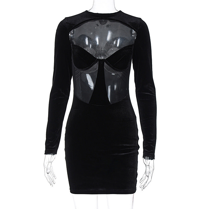 Women Wear Winter Sexy Cutout See through Slim-Fit Long Sleeve Narrow Dress Black