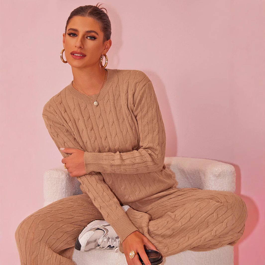 Autumn Winter Women round Neck Cable Knit Sweater Knitwear Wide Leg Pants Drape Two Piece Sets