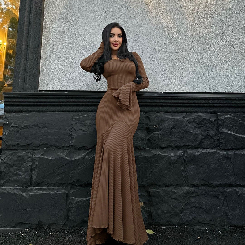 Autumn Winter round Neck Waist Trimming Flared Long Sleeve Dress Elegant Fishtail Solid Color Dress