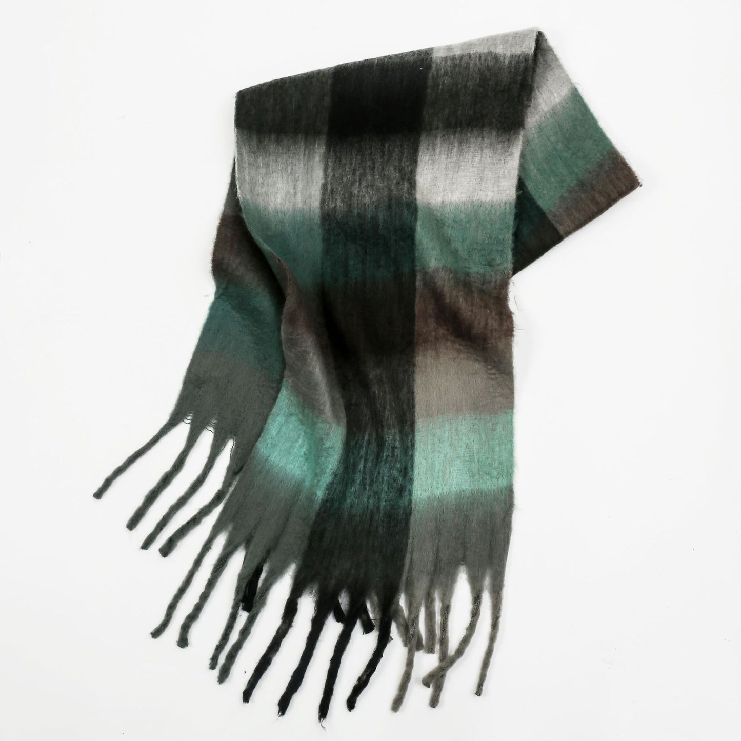 Women Color Matching Mohair Scarf Autumn Winter Warm Thickening Lattice Tassel One Size Gray Green Plaid