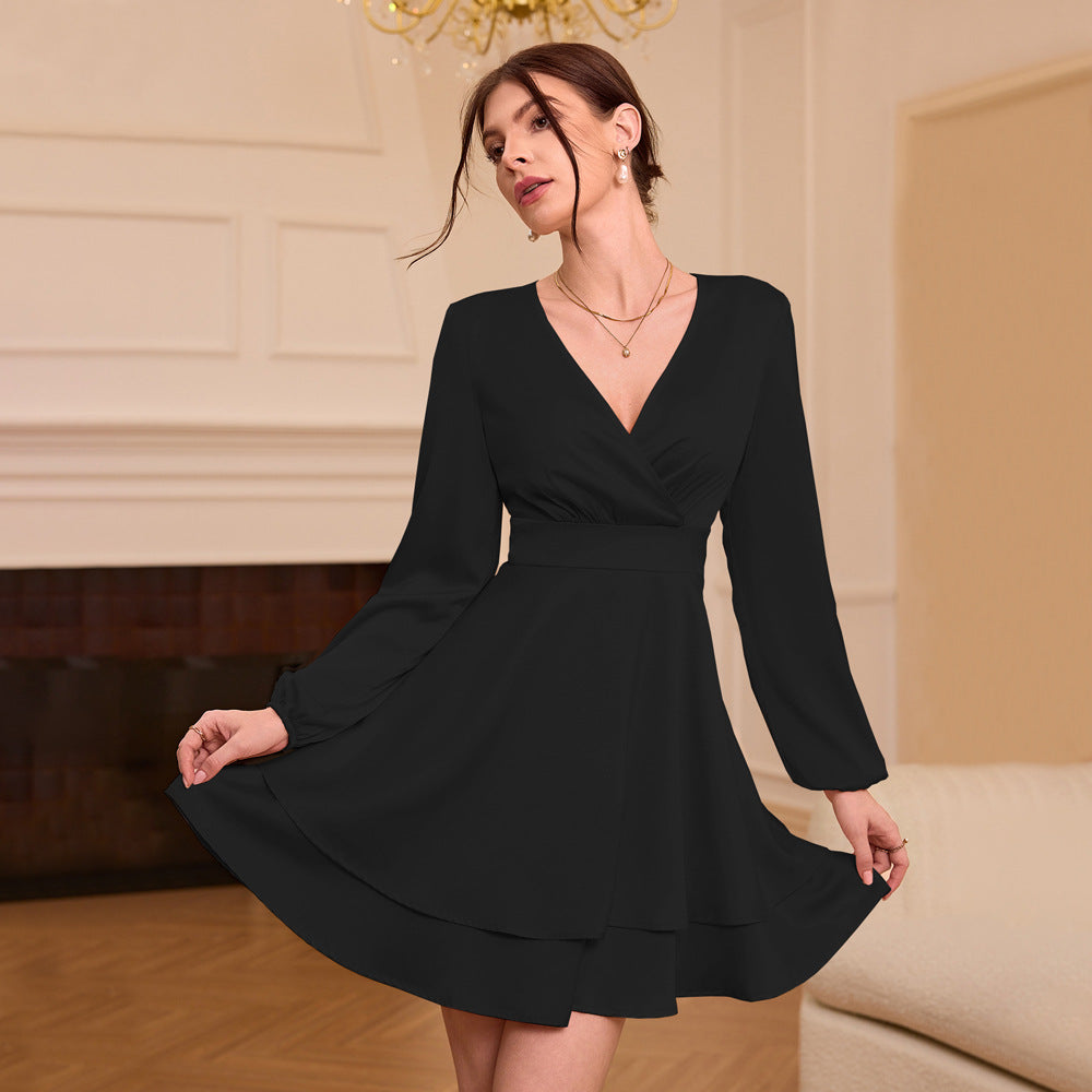 Women Clothing Elegant Satin Dress Autumn Winter V neck Lantern Sleeve Slim Fit Dress Black