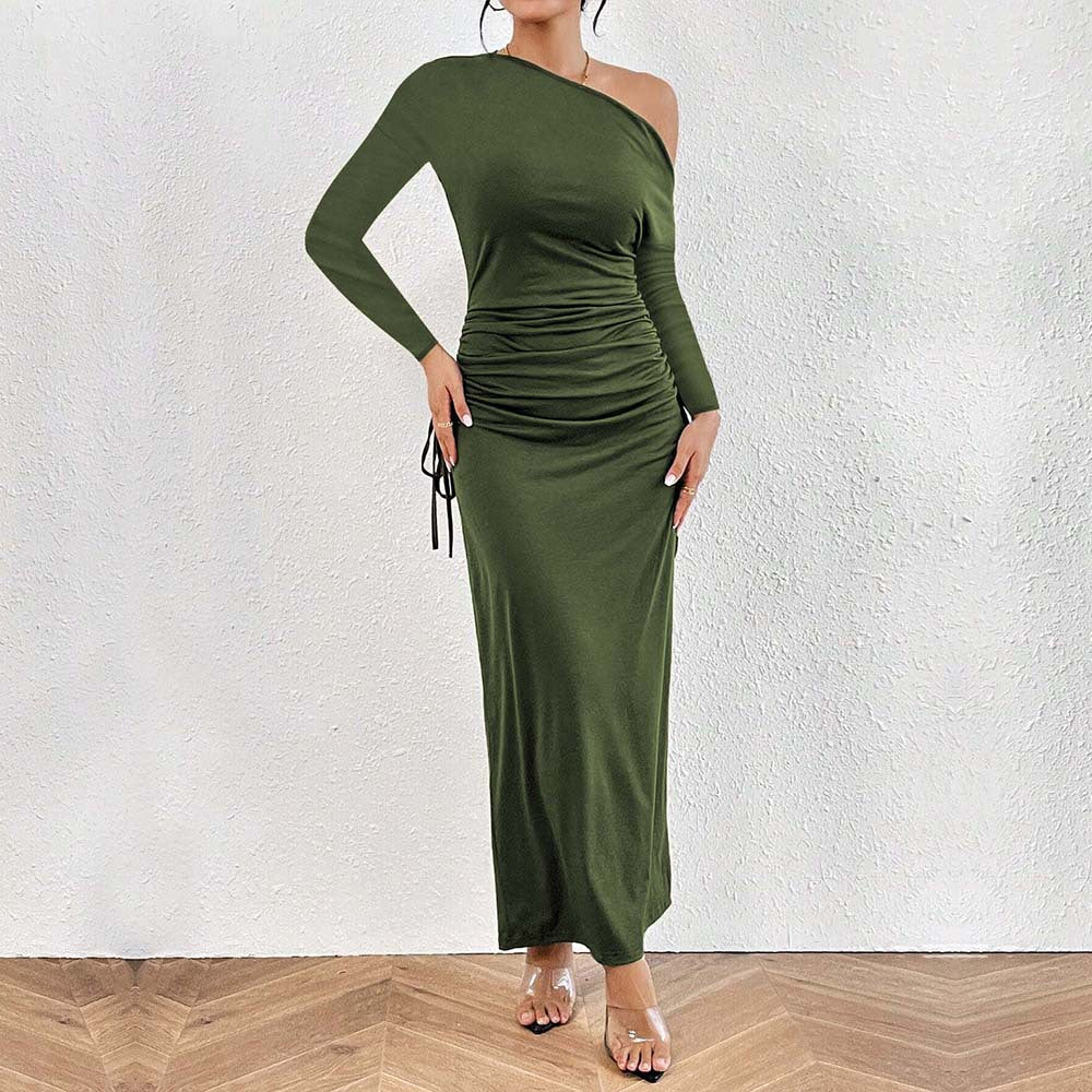 Women Clothing French Diagonal Collar Sexy Dress Autumn Winter Unique Design High Waist Dress Army Green