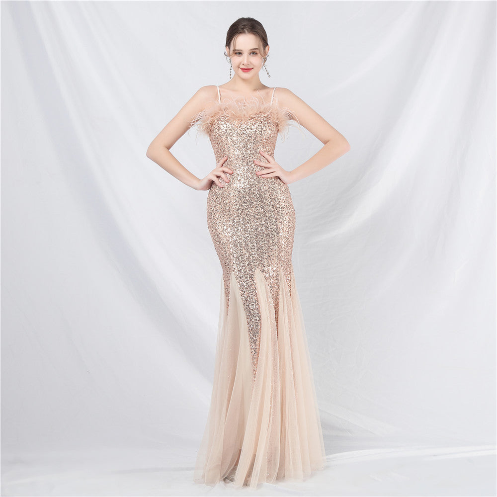 Craft Order Ostrich Feather Mesh Sequined Long Evening Dress Gold