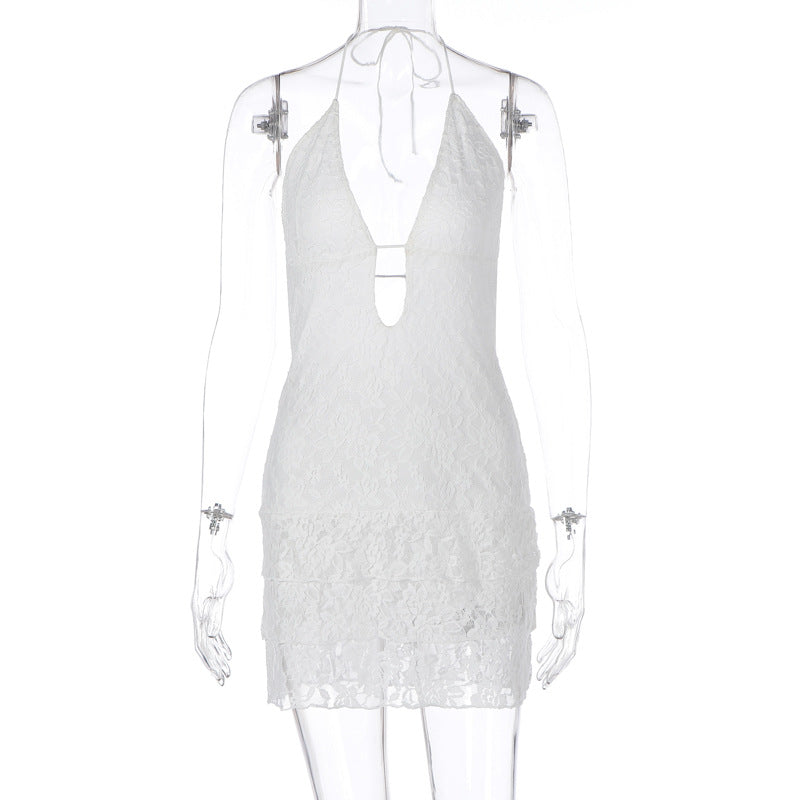 Women Clothing Summer Sexy Hollow Out Cutout Out Tied Halter Lace Dress White