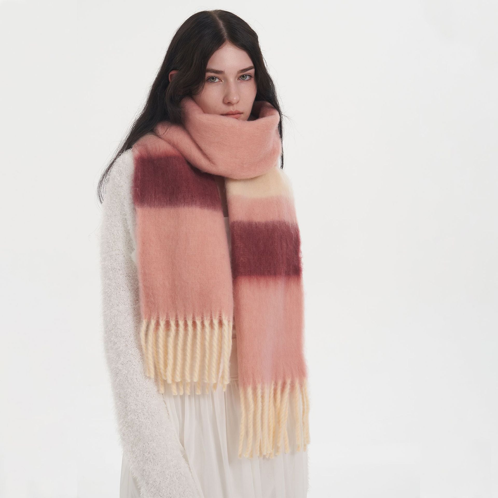 All Matching Thick Soft Glutinous Striped Stitching Mohair Cashmere like Plaid Scarf for Women Winter