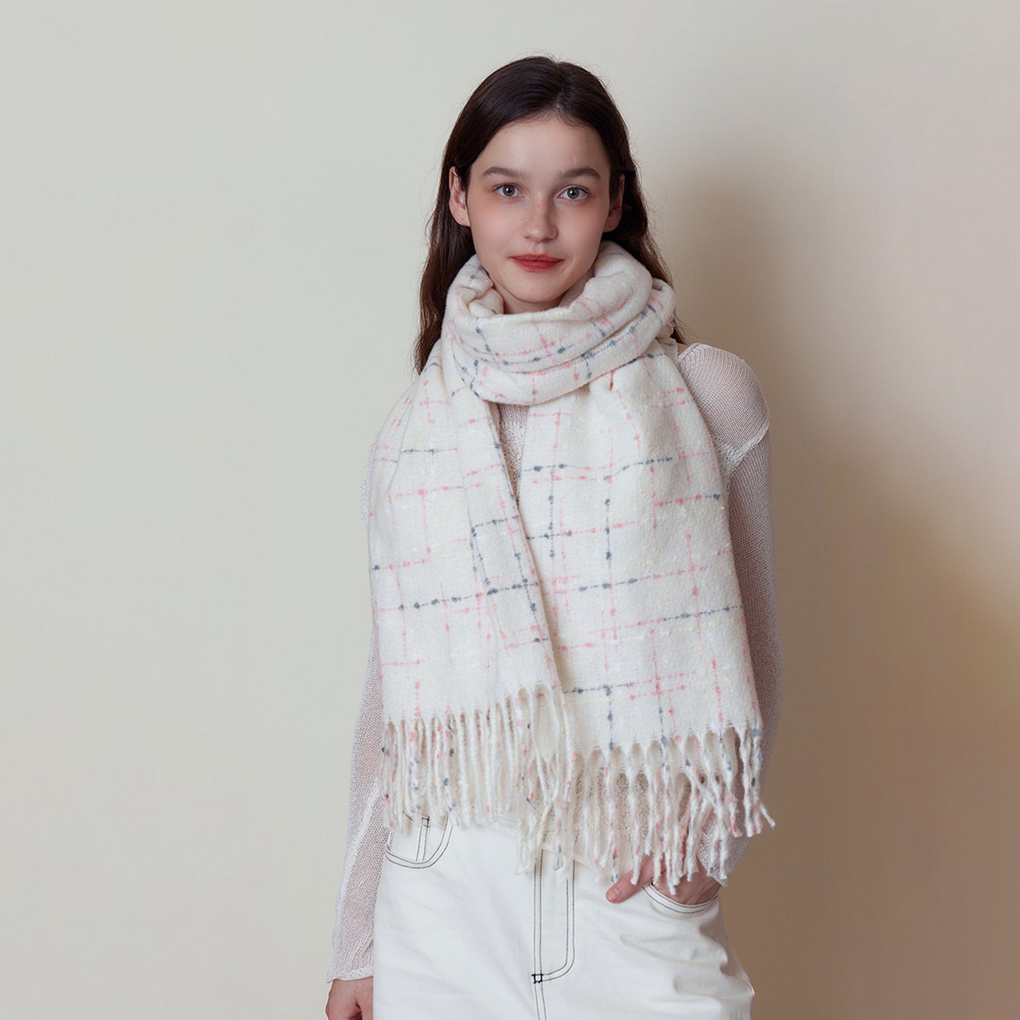 Plaid Scarf Women Winter High Grade Tassel Shawl Warm Scarf One Size White