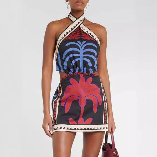 Summer Sexy Halter Positioning Print Holiday Beach Dress