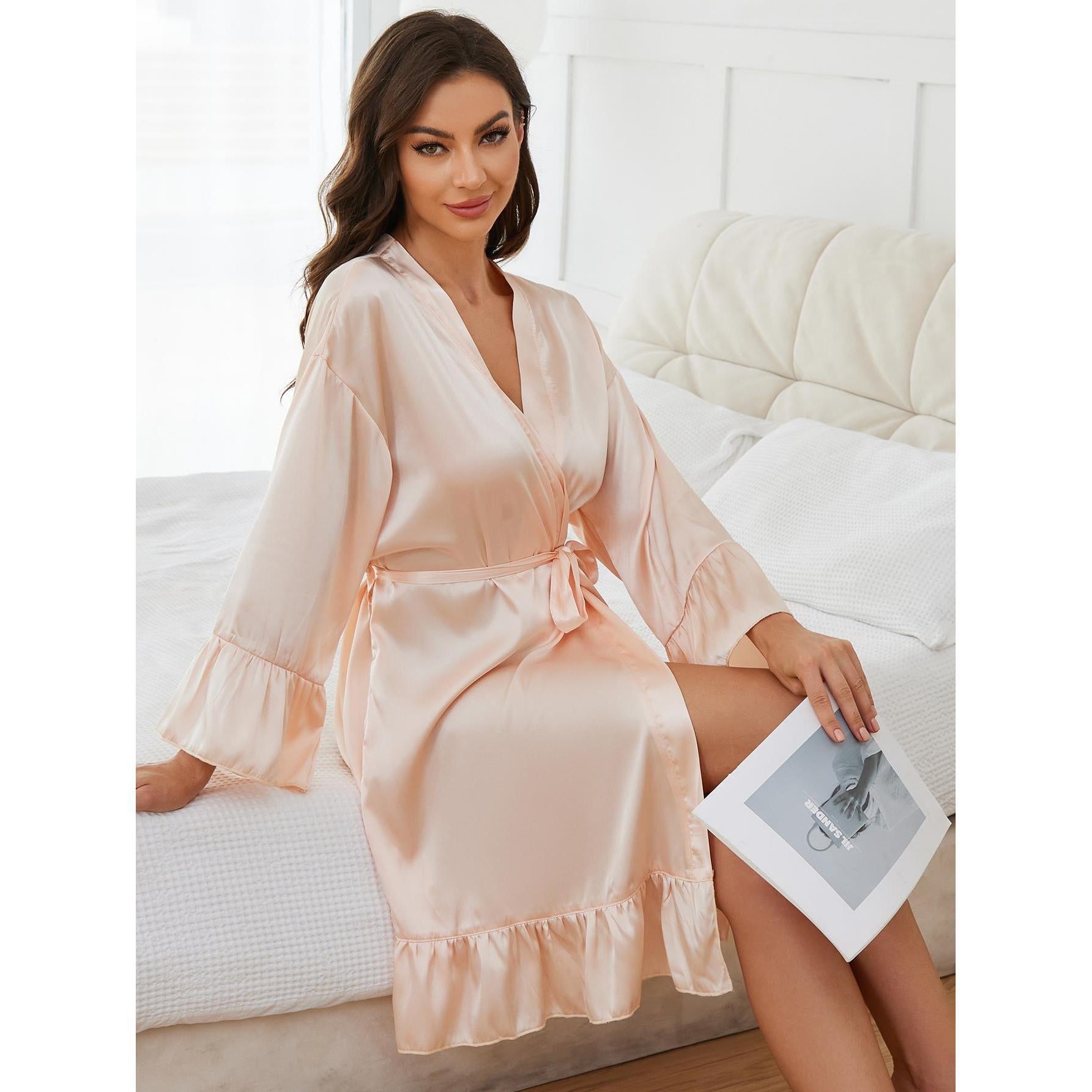 Sexy Long Sleeve Pajamas Women Artificial Silk Silk Lace up Nightgown Ruffled Home Nightdress