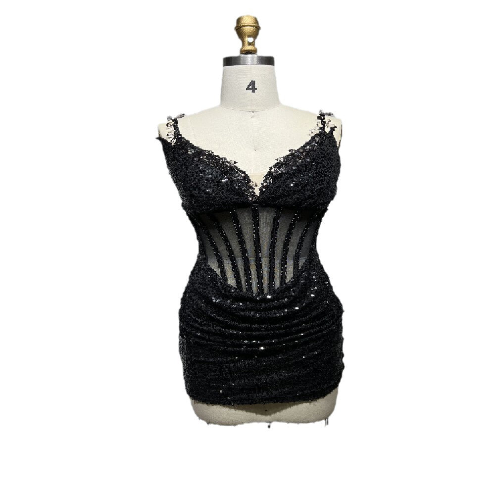 Women Clothing Black V Neck Beads Rhinestones Sheath Dress Sexy See Through Evening Dinner Formal Dress