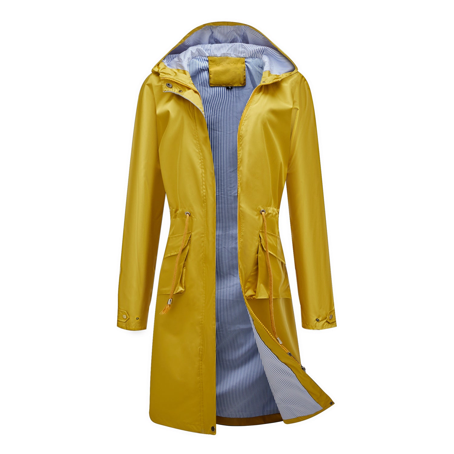 Spring Autumn Long Casual Trench Coat Women Waterproof Hooded Solid Color Top Striped Lining Straight Coat Yellow