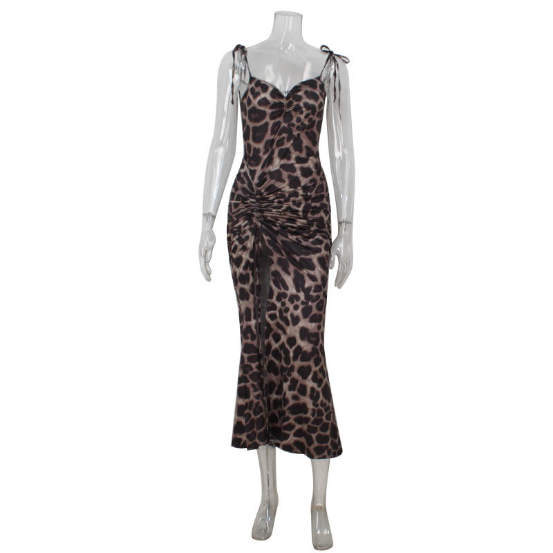 Women Leopard Print Printing Slip Dress Sexy High Waist Slit Sheath Dress Leopard Print