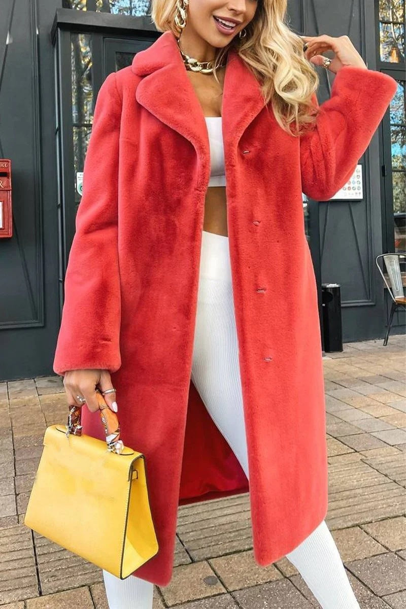 Autumn Winter Women Elegant Lace up Turn down Collar Plush Long Coat Red