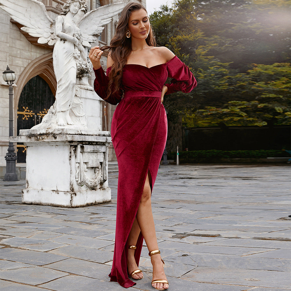 Long Sleeved Elegant Sexy Long Velvet U Neck Cocktail Split Evening Dress Bridesmaid Dress for Women Burgundy