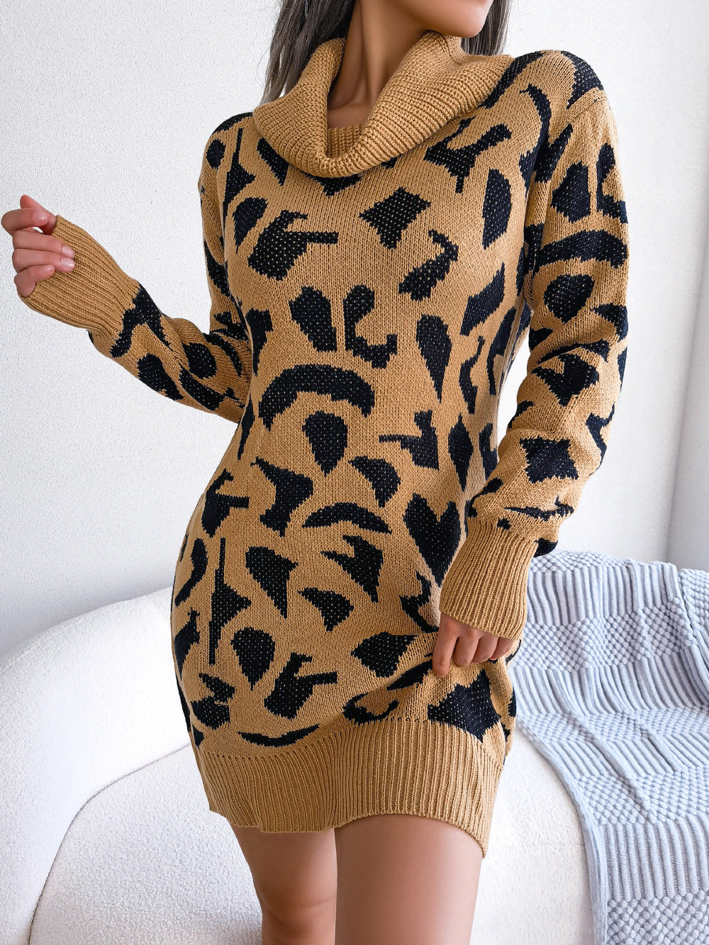 Autumn Winter Street Turtleneck Leopard Print Long Sleeve Base Sweater Dress Women Clothing L Khaki