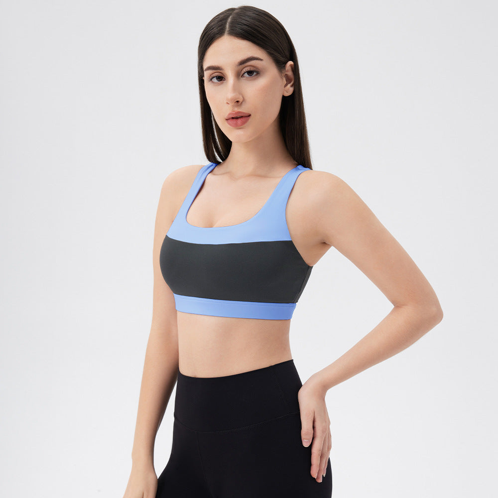 Yoga Vest Color Contrast Patchwork Nude Feel High Elastic Sports Bra Strap Chest Pad Running Fitness Top Blue