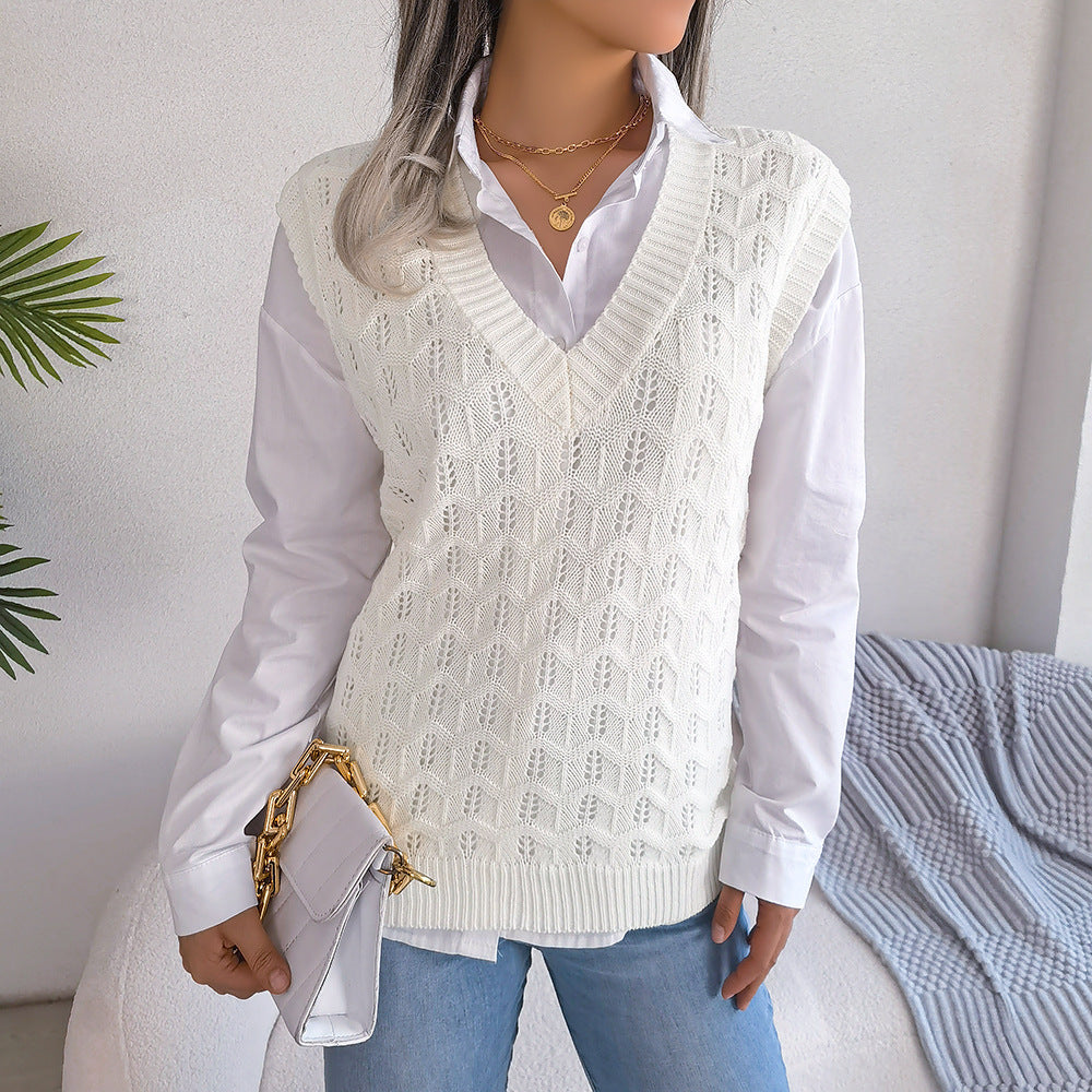 Autumn Winter Solid Color Hollow Out Cutout Wavy V neck Knitted Vest Sweater Women Clothing White