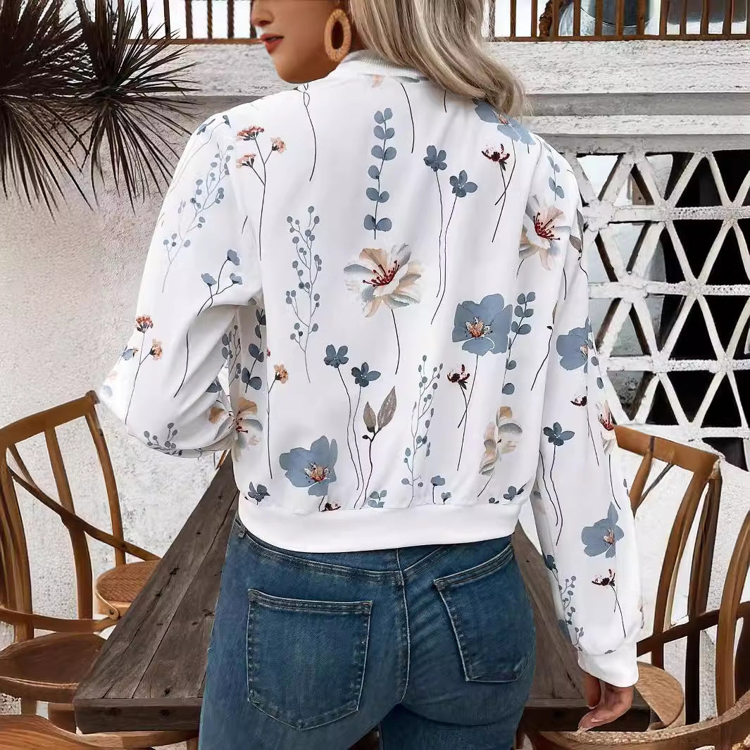 Autumn Winter Elegant Women Zipper Floral Print Long Sleeve Cropped Casual Jacket Coat