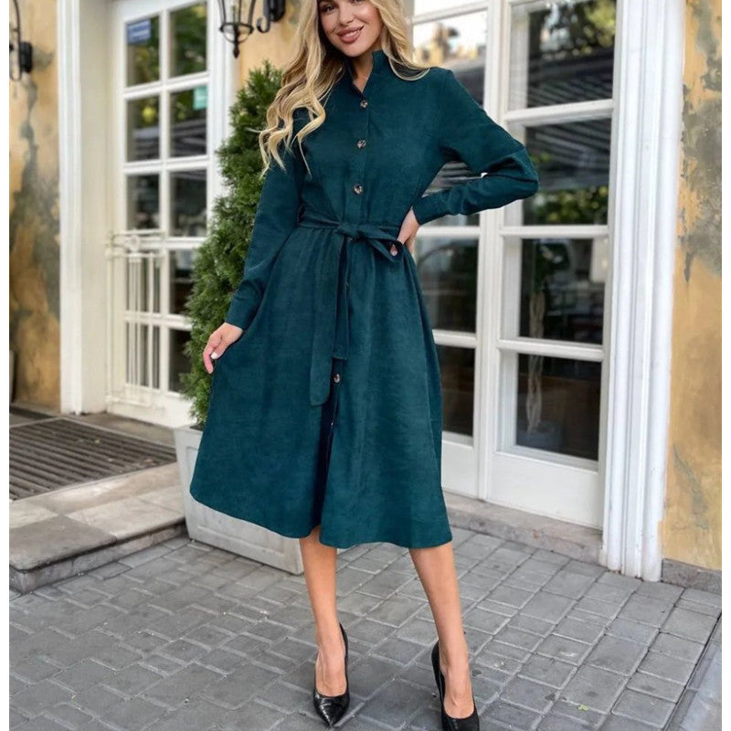 Autumn Winter Women Clothing Solid Color Tied Button Shirt Dress Dark Green