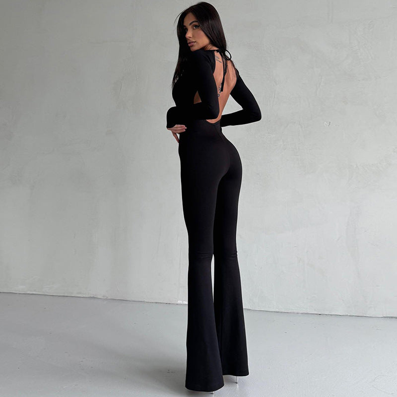 Women Clothing Winter Sexy Backless Lace Up Solid Color Slim Fit Long Sleeves Jumpsuit