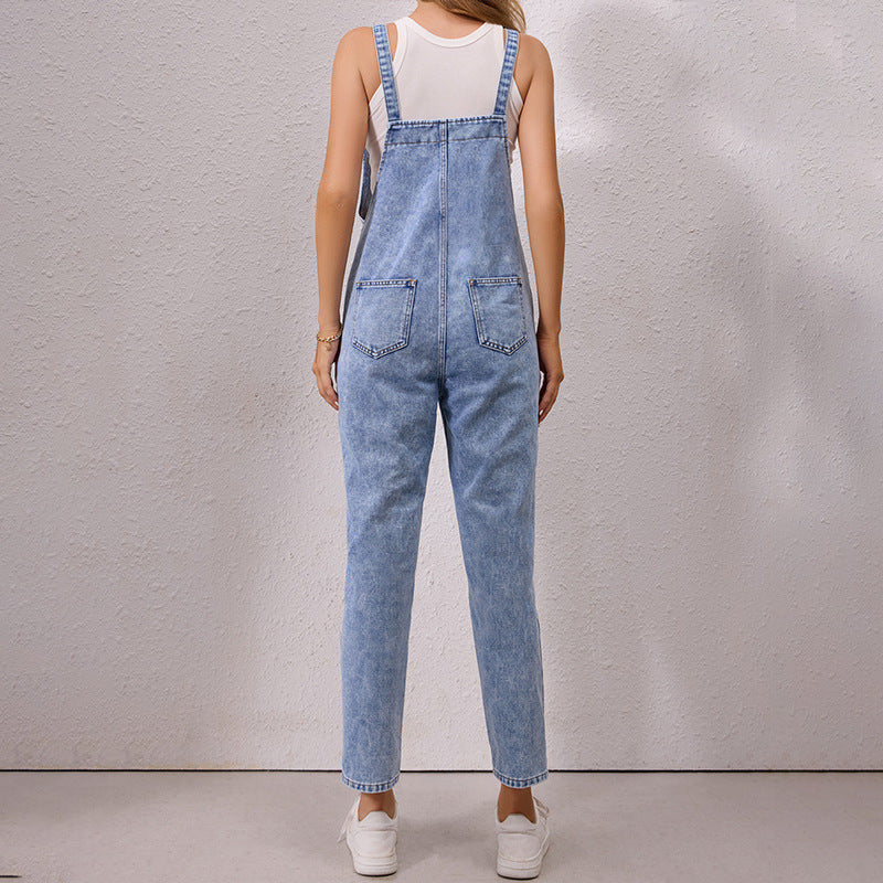 Loose Casual Suspenders Pants Autumn Women Clothing Denim Lace up One Piece Pants Length