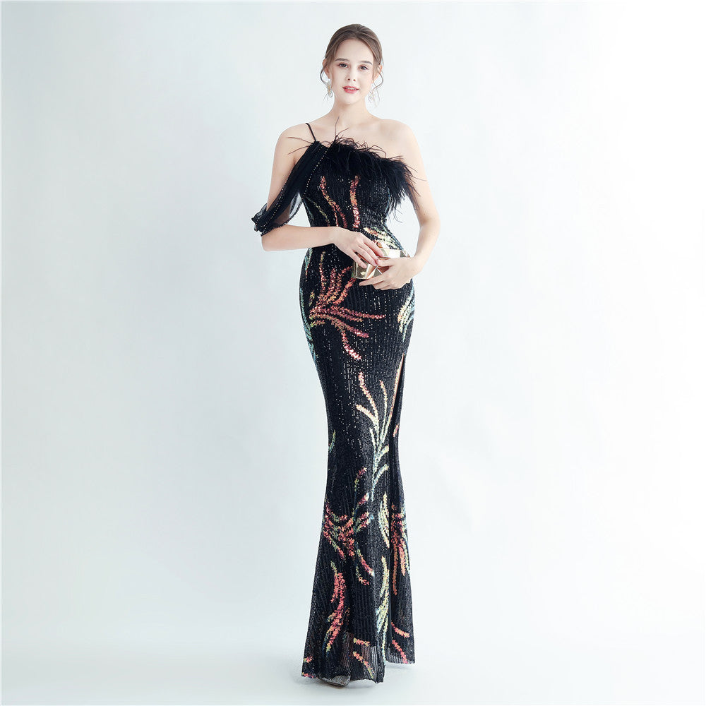 High Density Ostrich Feather Craft Beading High End Evening Dress Black