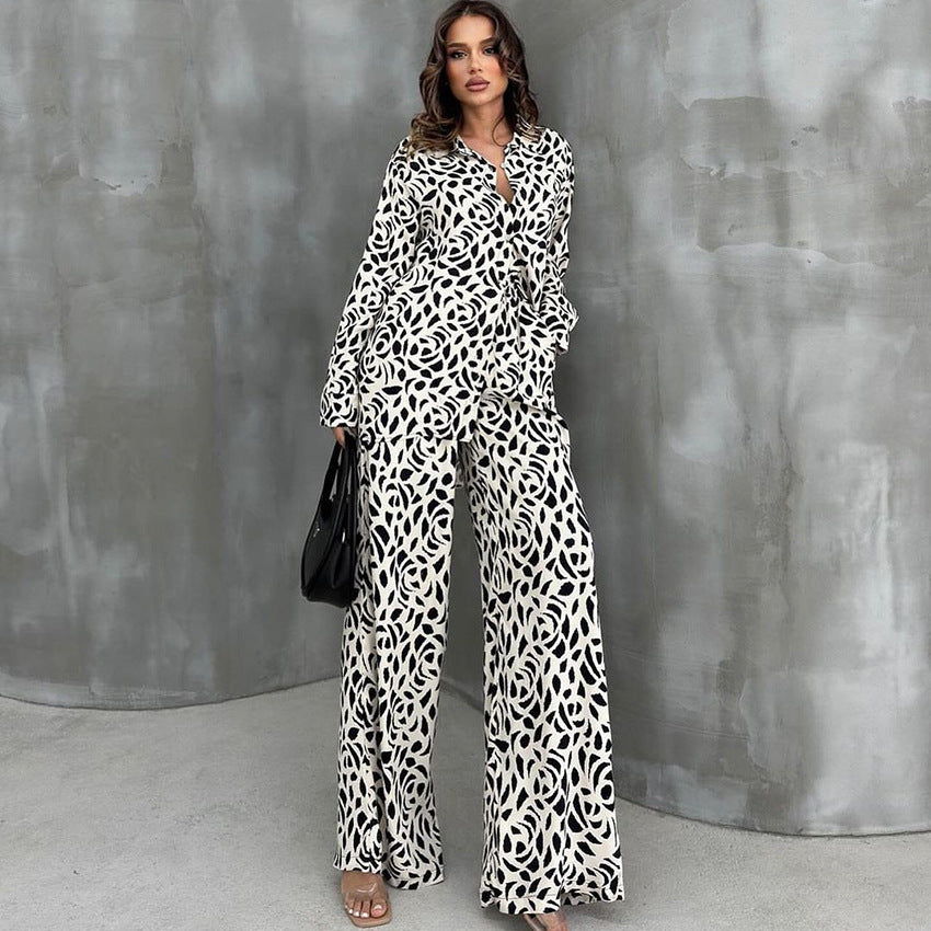 Leopard Print Pajamas Autumn Ice Silk Long Sleeve Cardigan Trousers Two Piece Set Loose Ladies Homewear