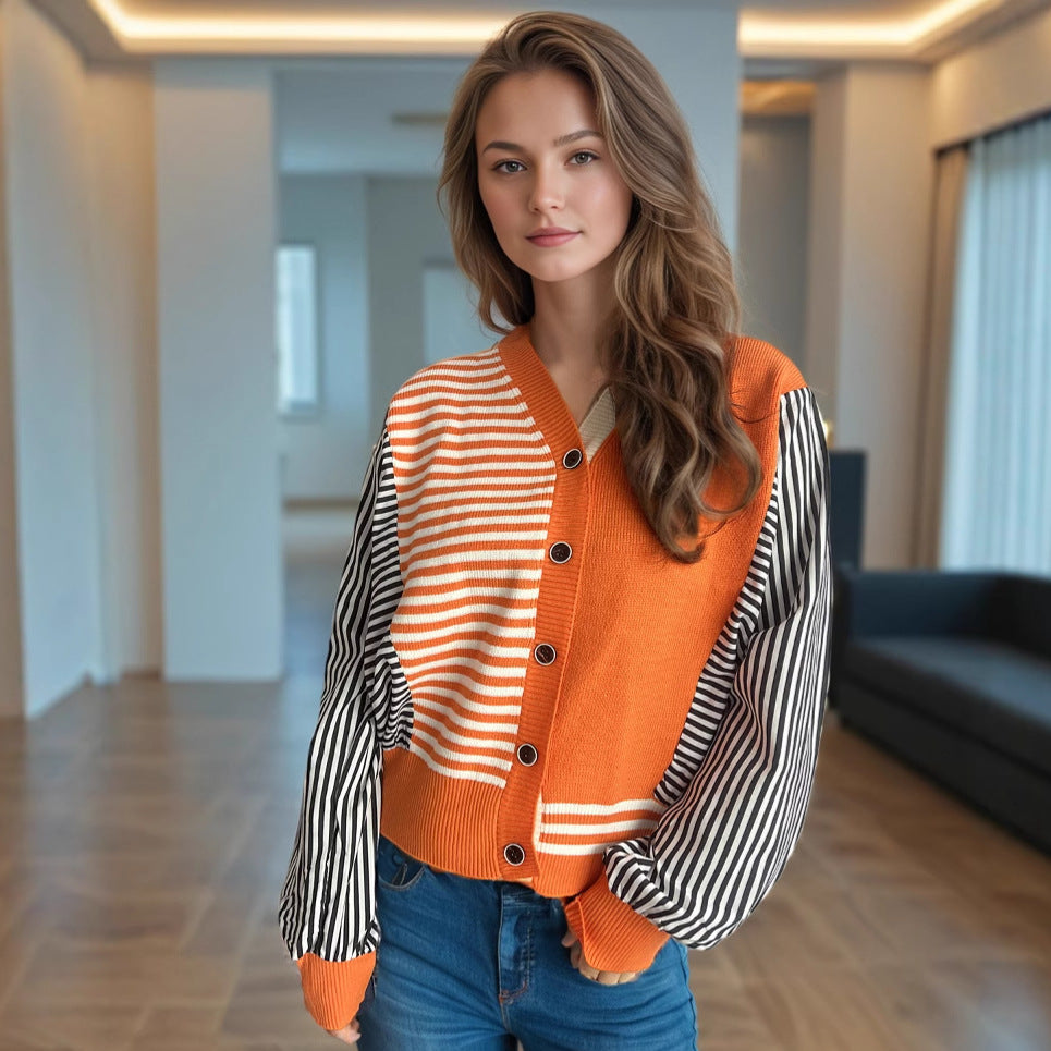 Autumn Winter Patchwork Striped Sweater V neck Short Casual Loose Long Sleeve Knitted Cardigan