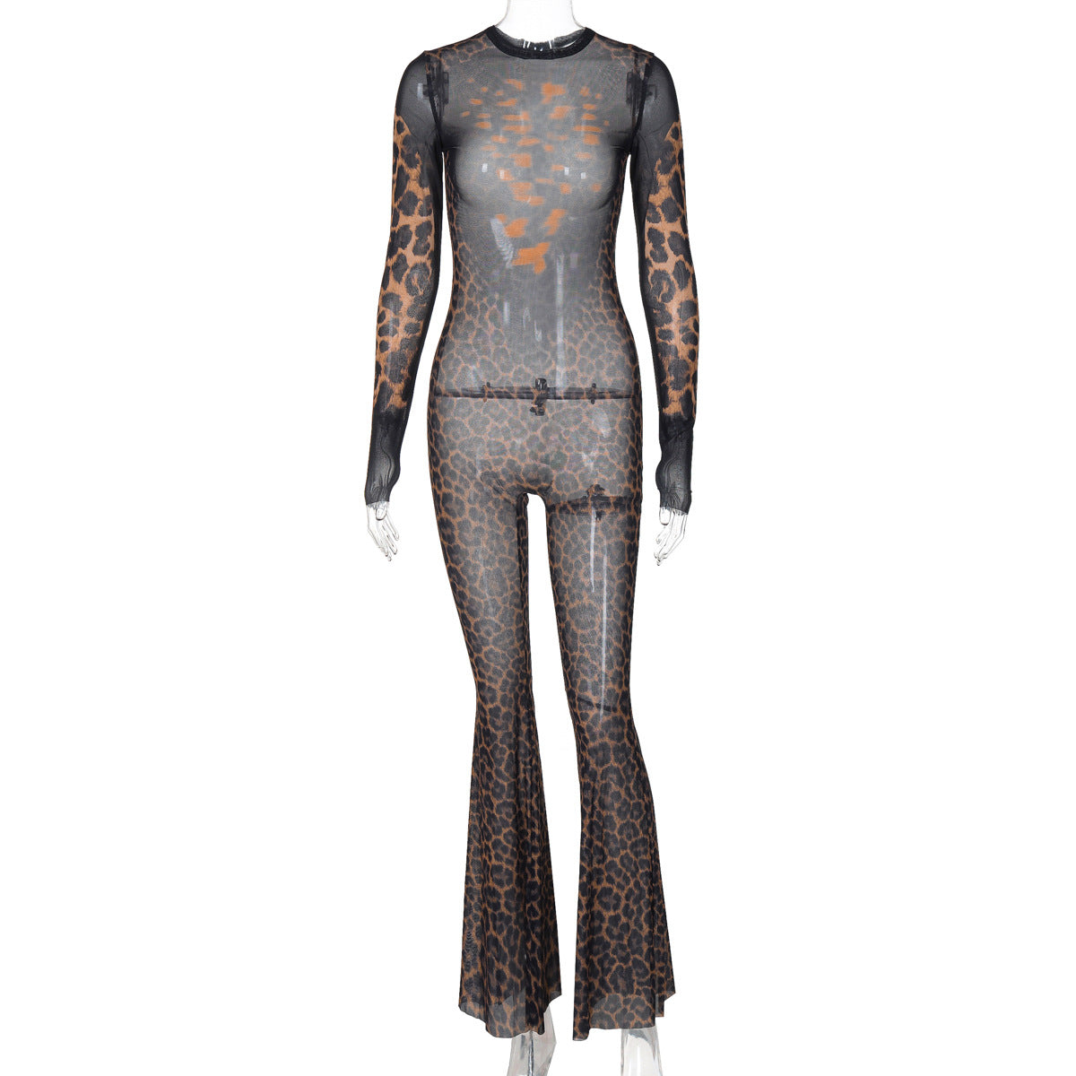 Mesh See through Sexy Jumpsuit Winter Long Sleeve Printed Flared Pants Women Leopard