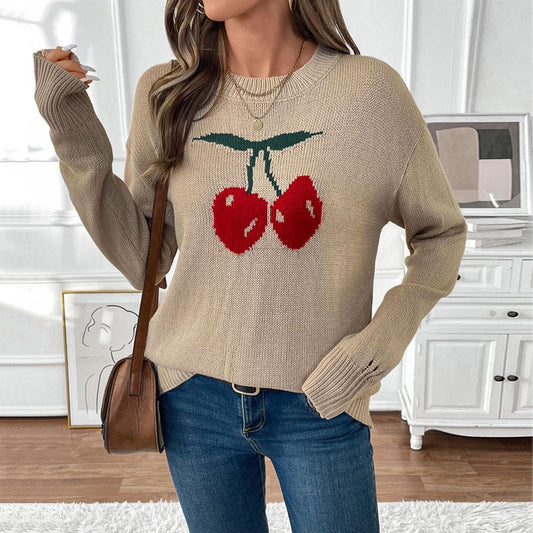 Autumn Winter round Neck Cherry Pullover Valentine Day Christmas Knitted Top Women