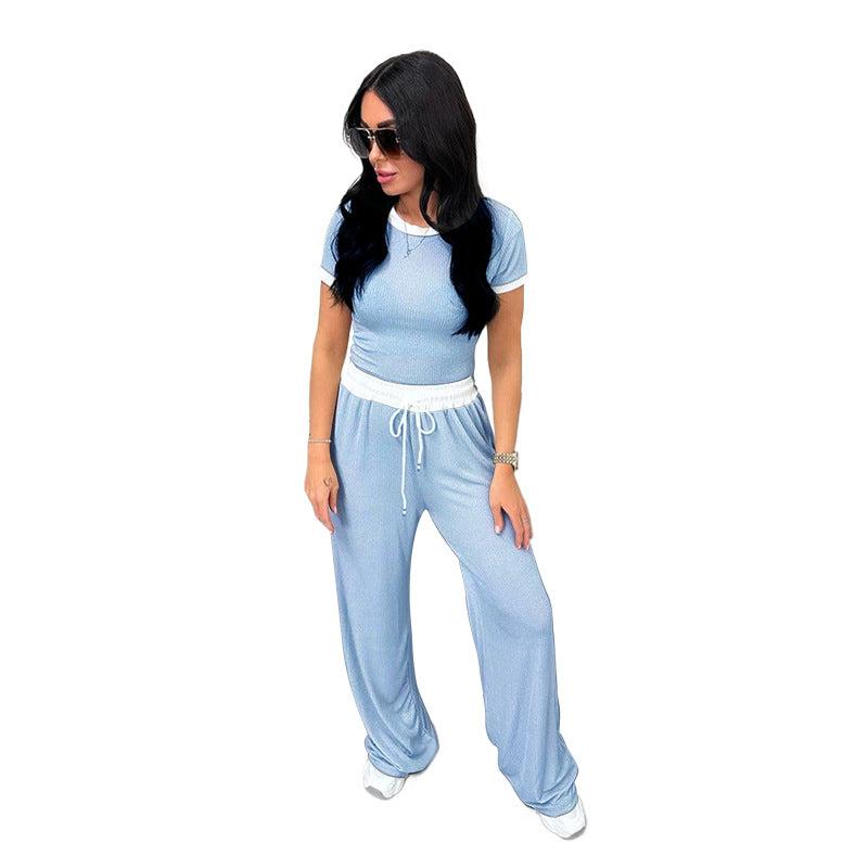 Spring Summer Round Neck Contrast Color Short-Sleeved Women Clothing Casual Wide Leg Pants Sports Suit Light Blue