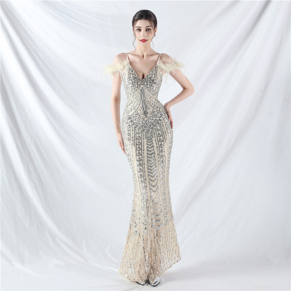 Positioning Floral Sequin Craft Order Ostrich Hair High End Evening Dress Apricot silver